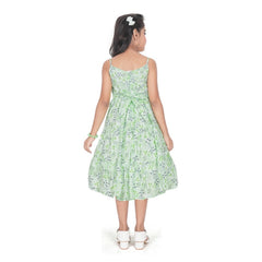 Generic Girl's Cotton Slub Printed Sleeve Less Round Neck Dress (Sea Green)