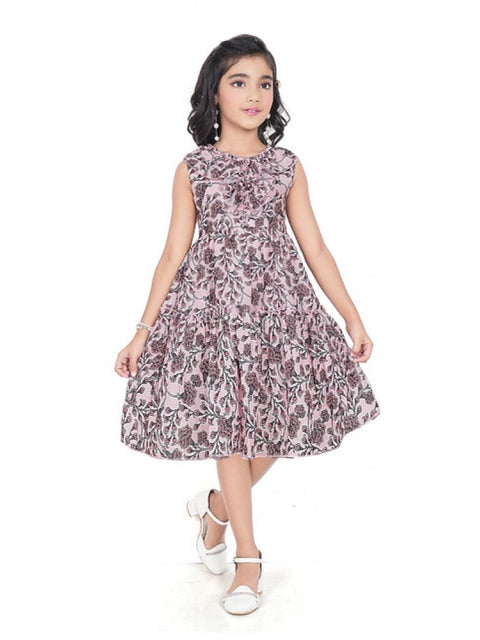 Generic Girl's Digital Slub Printed Sleeve Less Round Neck Dress (Brown)