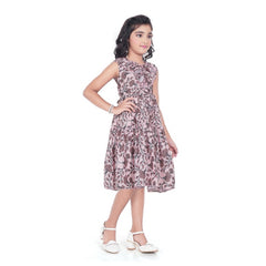 Generic Girl's Digital Slub Printed Sleeve Less Round Neck Dress (Brown)