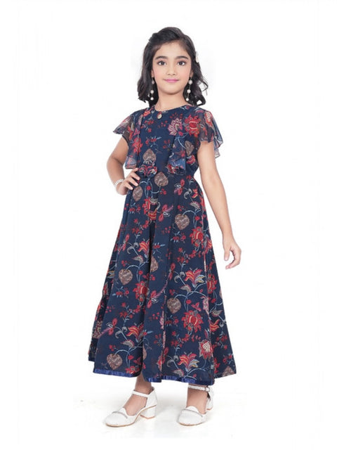 Generic Girl's Shiffon Printed Short Sleeve Round Neck Dress (Blue)