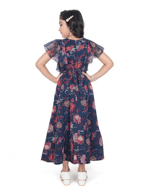 Generic Girl's Shiffon Printed Short Sleeve Round Neck Dress (Blue)