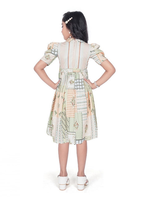 Generic Girl's Digital Knitted Printed Half Sleeve Close Neck Dress (Light Green)