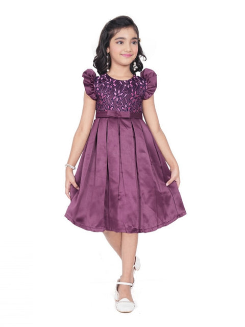 Generic Girl's Satin Printed Sleeve Less Round Neck Dress (Purple)