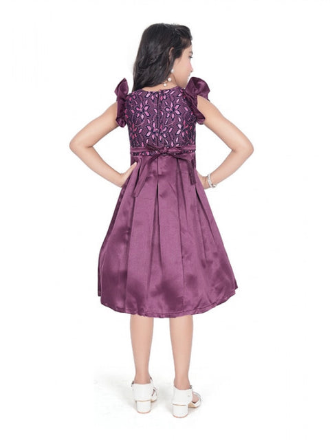 Generic Girl's Satin Printed Sleeve Less Round Neck Dress (Purple)
