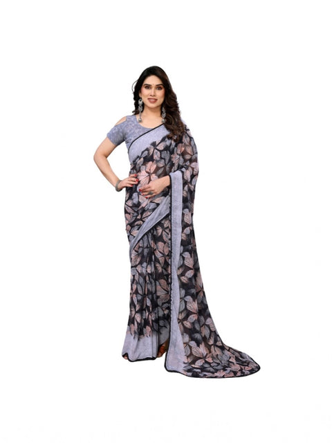 Women's Chiffon Printed Saree With Unstitched Blouse 5.5Mtr (Grey)