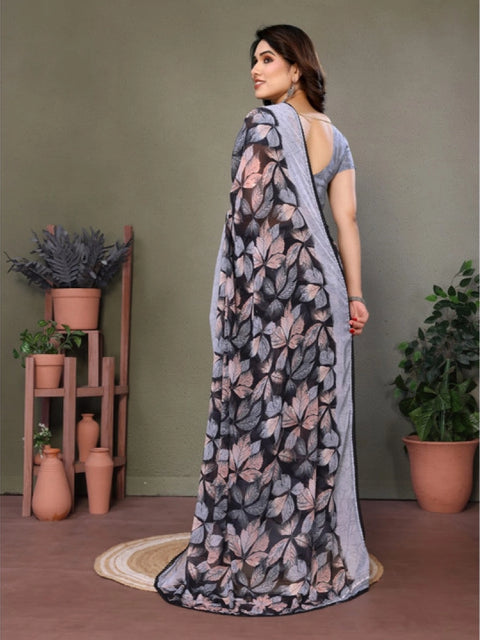 Women's Chiffon Printed Saree With Unstitched Blouse 5.5Mtr (Grey)
