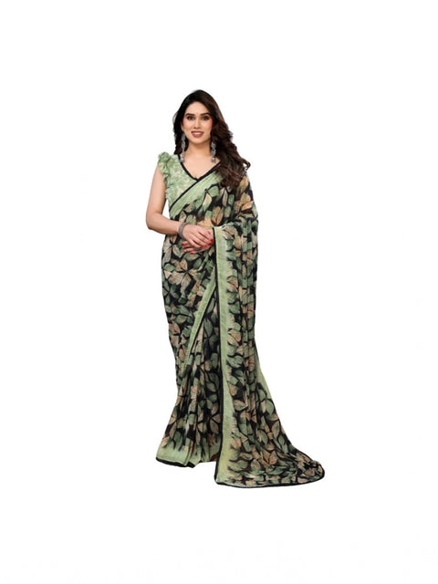 Women's Chiffon Printed Saree With Unstitched Blouse 5.5Mtr (Green)
