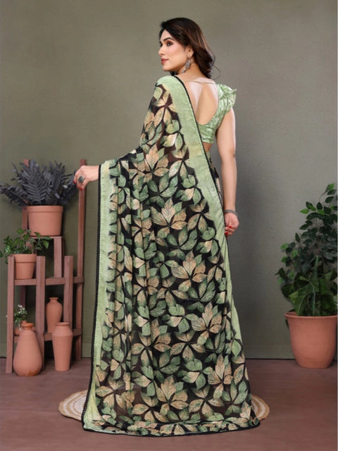Women's Chiffon Printed Saree With Unstitched Blouse 5.5Mtr (Green)