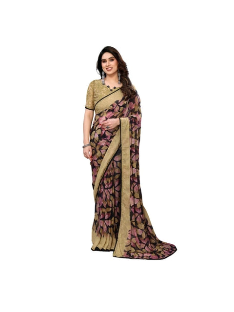 Women's Chiffon Printed Saree With Unstitched Blouse 5.5Mtr (Beige)