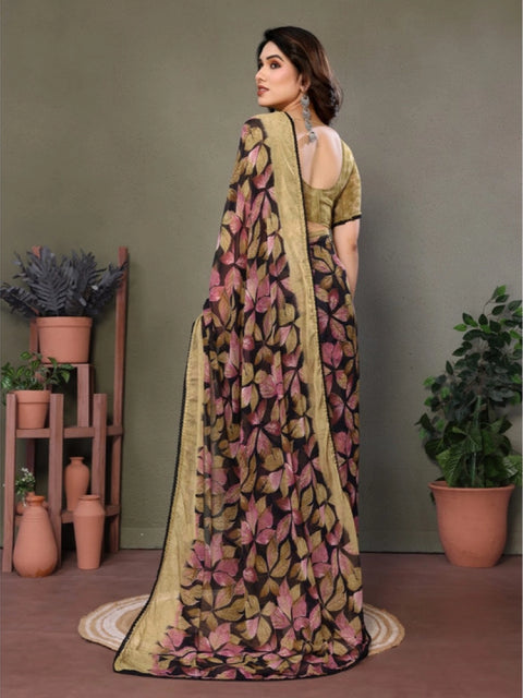 Women's Chiffon Printed Saree With Unstitched Blouse 5.5Mtr (Beige)