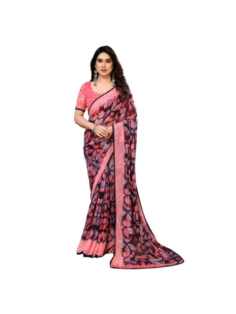Women's Chiffon Printed Saree With Unstitched Blouse 5.5Mtr (Pink)