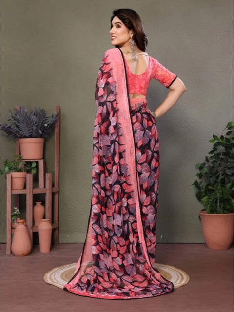 Women's Chiffon Printed Saree With Unstitched Blouse 5.5Mtr (Pink)