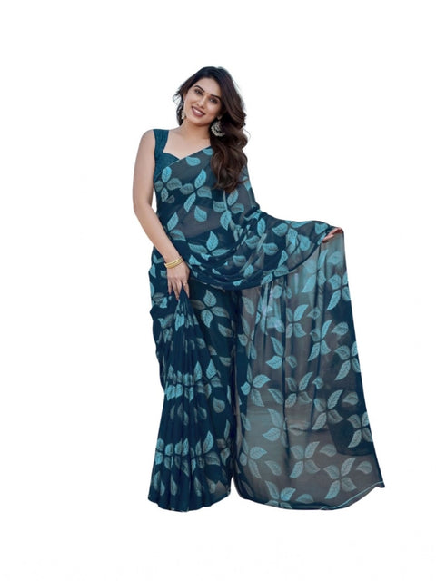 Women's Chiffon Printed Saree With Unstitched Blouse 5.5Mtr (Blue)
