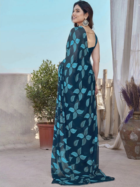 Women's Chiffon Printed Saree With Unstitched Blouse 5.5Mtr (Blue)