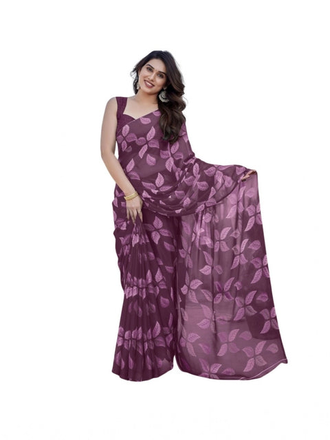 Women's Chiffon Printed Saree With Unstitched Blouse 5.5Mtr (Purple)