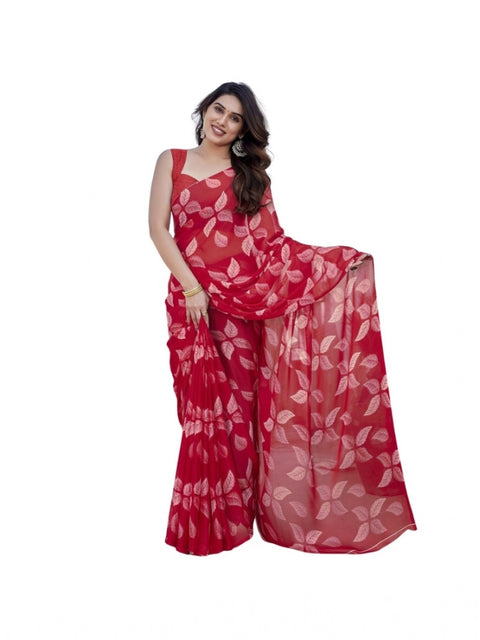 Women's Chiffon Printed Saree With Unstitched Blouse 5.5Mtr (Red)
