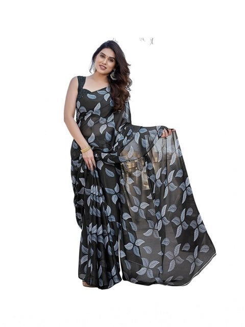 Women's Chiffon Printed Saree With Unstitched Blouse 5.5Mtr (Black)