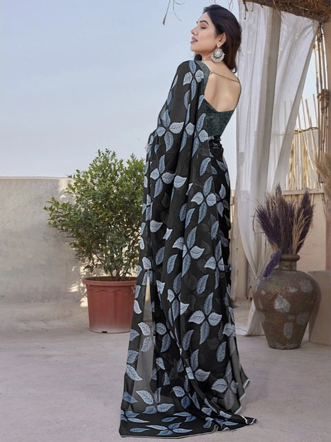 Women's Chiffon Printed Saree With Unstitched Blouse 5.5Mtr (Black)