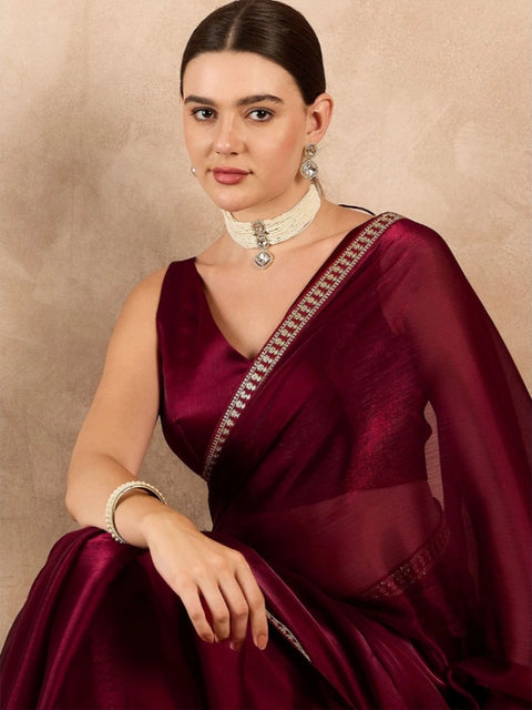 Women's Jimmy Choo solid Saree With Unstitched Blouse 5.5Mtr (Wine )