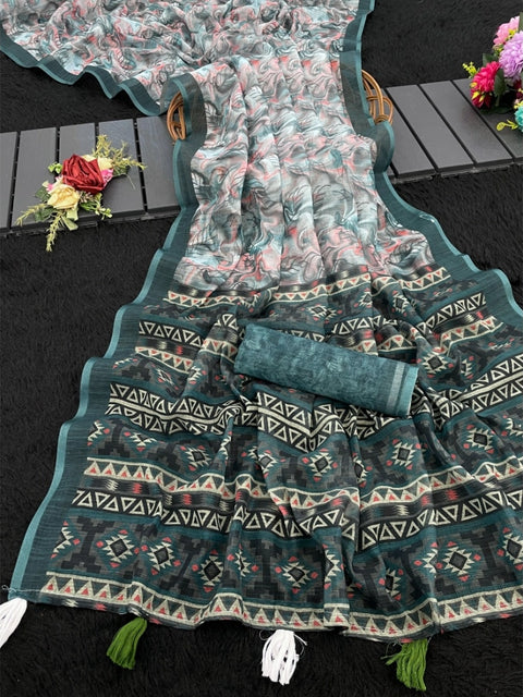 Women's Linen Cotton  Printed Saree With Unstitched Blouse 5.5Mtr (Blue)