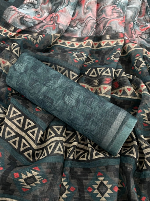 Women's Linen Cotton  Printed Saree With Unstitched Blouse 5.5Mtr (Blue)