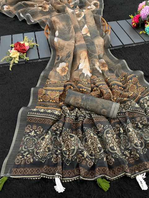 Women's Linen Cotton  Printed Saree With Unstitched Blouse 5.5Mtr (Beige)