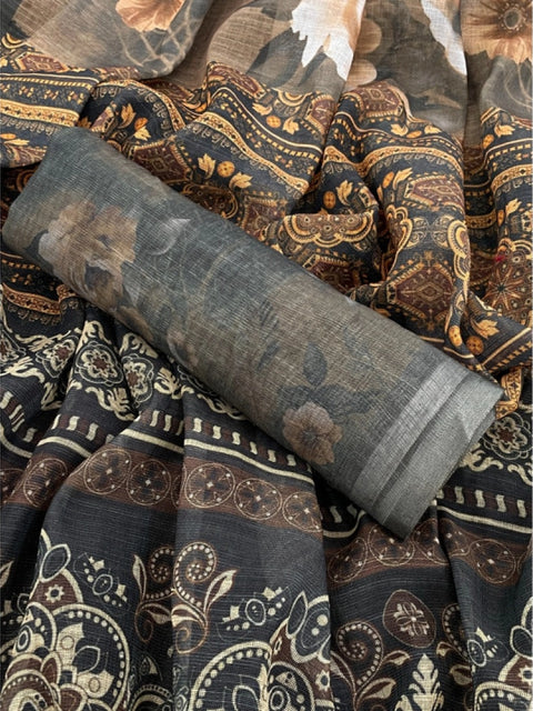 Women's Linen Cotton  Printed Saree With Unstitched Blouse 5.5Mtr (Beige)