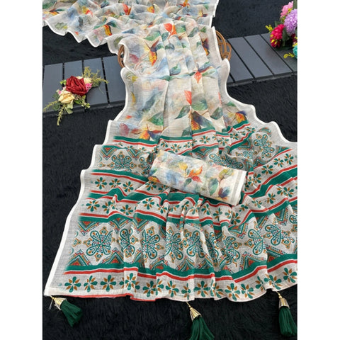 Generic Women's Linen Cotton  Printed Saree With Unstitched Blouse 5.5Mtr (Green)