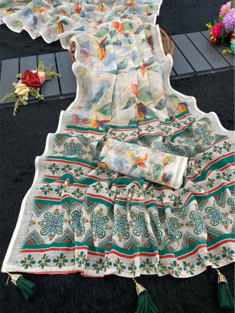 Women's Linen Cotton  Printed Saree With Unstitched Blouse 5.5Mtr (Green)