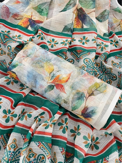 Women's Linen Cotton  Printed Saree With Unstitched Blouse 5.5Mtr (Green)