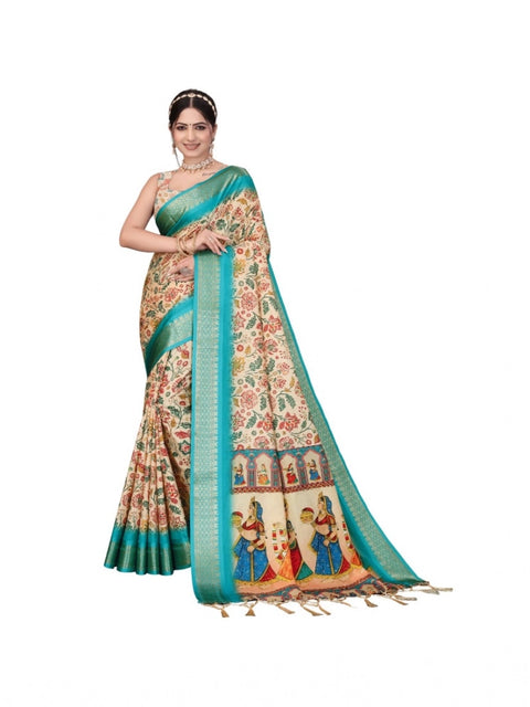 Women's Cotton Silk  Printed Saree With Unstitched Blouse 5.5Mtr (Sky Blue)