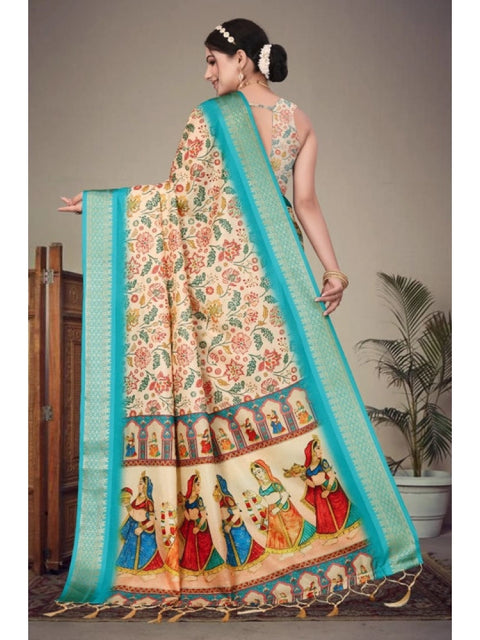Women's Cotton Silk  Printed Saree With Unstitched Blouse 5.5Mtr (Sky Blue)