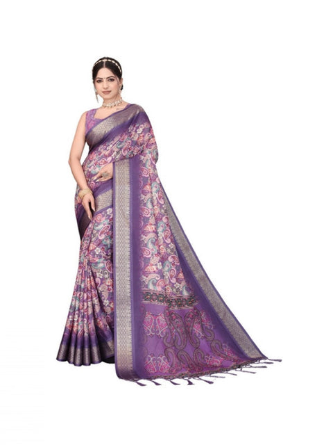 Women's Cotton Silk  Printed Saree With Unstitched Blouse 5.5Mtr (Purple)