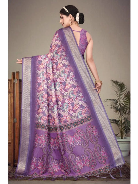 Women's Cotton Silk  Printed Saree With Unstitched Blouse 5.5Mtr (Purple)