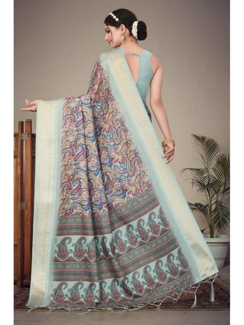 Women's Cotton Silk  Printed Saree With Unstitched Blouse 5.5Mtr (Multicolor)