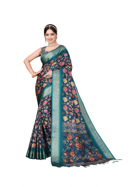 Women's Cotton Silk  Printed Saree With Unstitched Blouse 5.5Mtr (Blue)