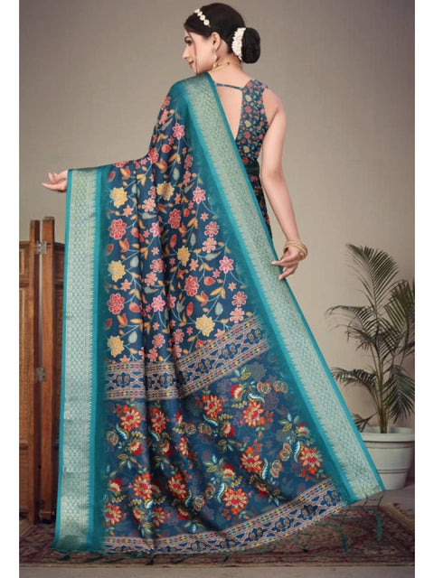 Women's Cotton Silk  Printed Saree With Unstitched Blouse 5.5Mtr (Blue)