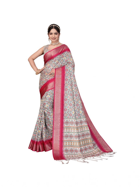 Women's Cotton Silk  Printed Saree With Unstitched Blouse 5.5Mtr (Pink)