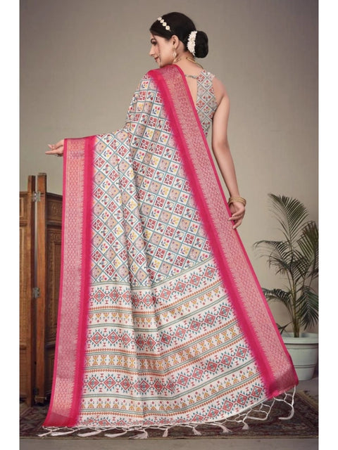 Women's Cotton Silk  Printed Saree With Unstitched Blouse 5.5Mtr (Pink)
