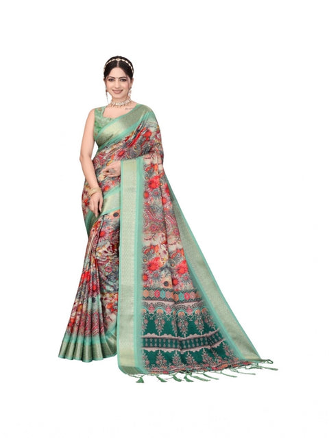 Women's Cotton Silk  Printed Saree With Unstitched Blouse 5.5Mtr (Light Green)