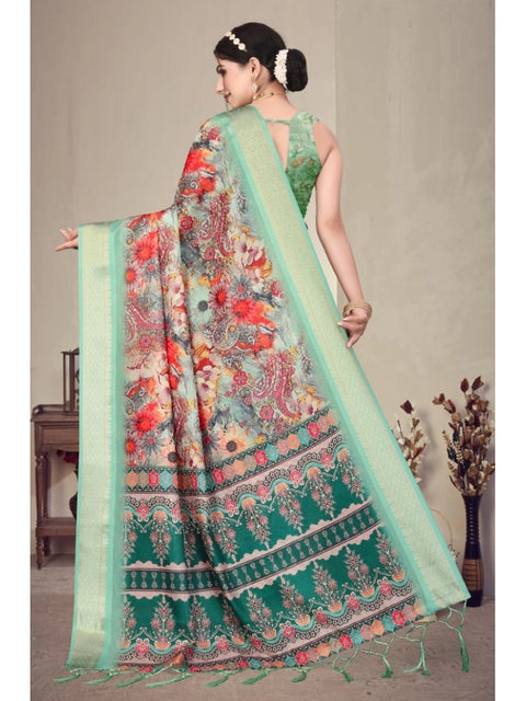 Women's Cotton Silk  Printed Saree With Unstitched Blouse 5.5Mtr (Light Green)