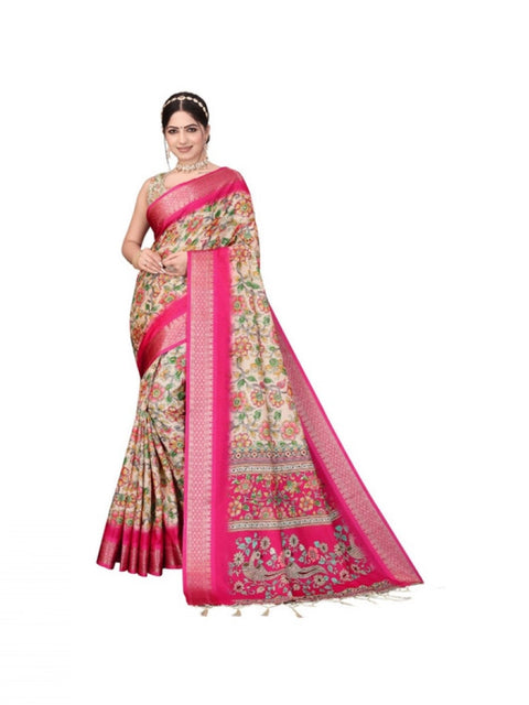 Women's Cotton Silk  Printed Saree With Unstitched Blouse 5.5Mtr (Pink)