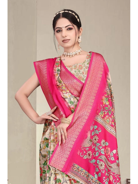 Women's Cotton Silk  Printed Saree With Unstitched Blouse 5.5Mtr (Pink)