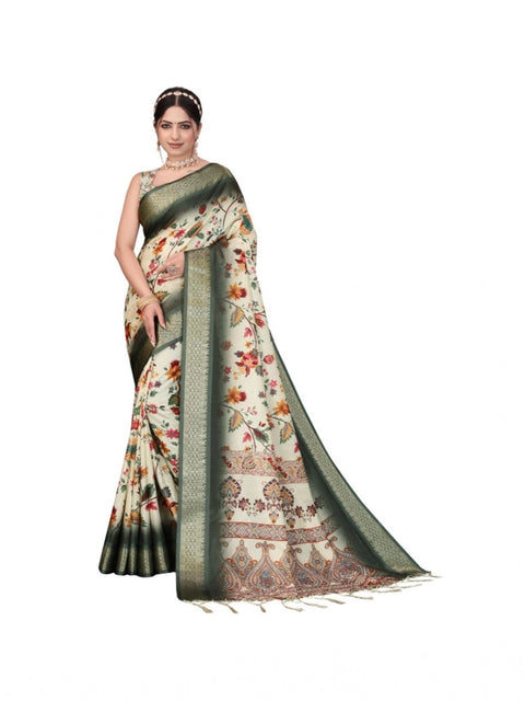 Women's Cotton Silk  Printed Saree With Unstitched Blouse 5.5Mtr (Green)
