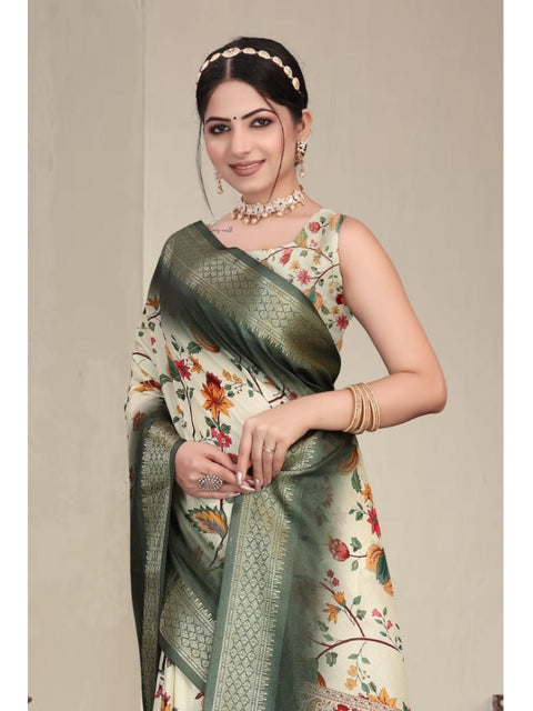 Women's Cotton Silk  Printed Saree With Unstitched Blouse 5.5Mtr (Green)