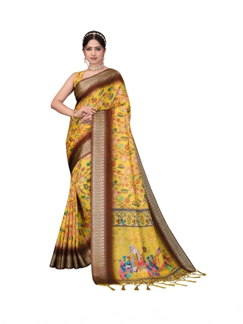 Women's Cotton Silk  Printed Saree With Unstitched Blouse 5.5Mtr (Yellow)