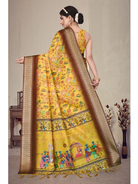 Women's Cotton Silk  Printed Saree With Unstitched Blouse 5.5Mtr (Yellow)