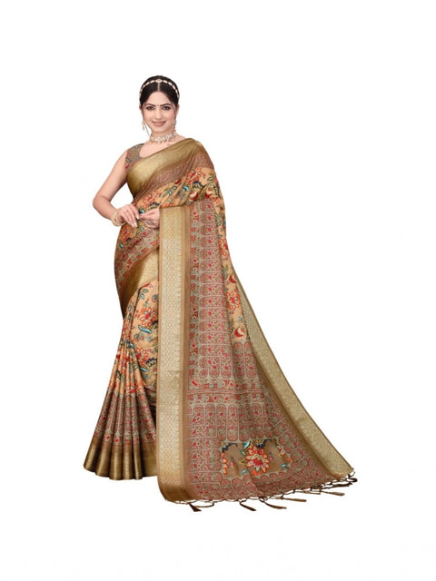 Women's Cotton Silk  Printed Saree With Unstitched Blouse 5.5Mtr (Peach)