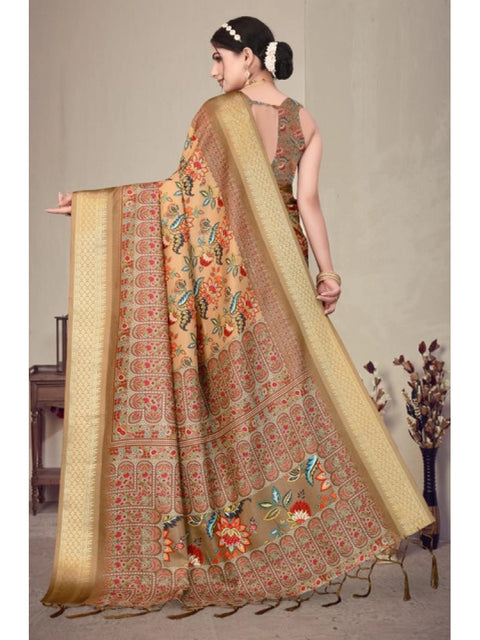Women's Cotton Silk  Printed Saree With Unstitched Blouse 5.5Mtr (Peach)