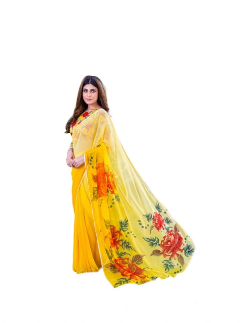 Women's Georgette  Printed Saree With Unstitched Blouse 5.5Mtr (Yellow)